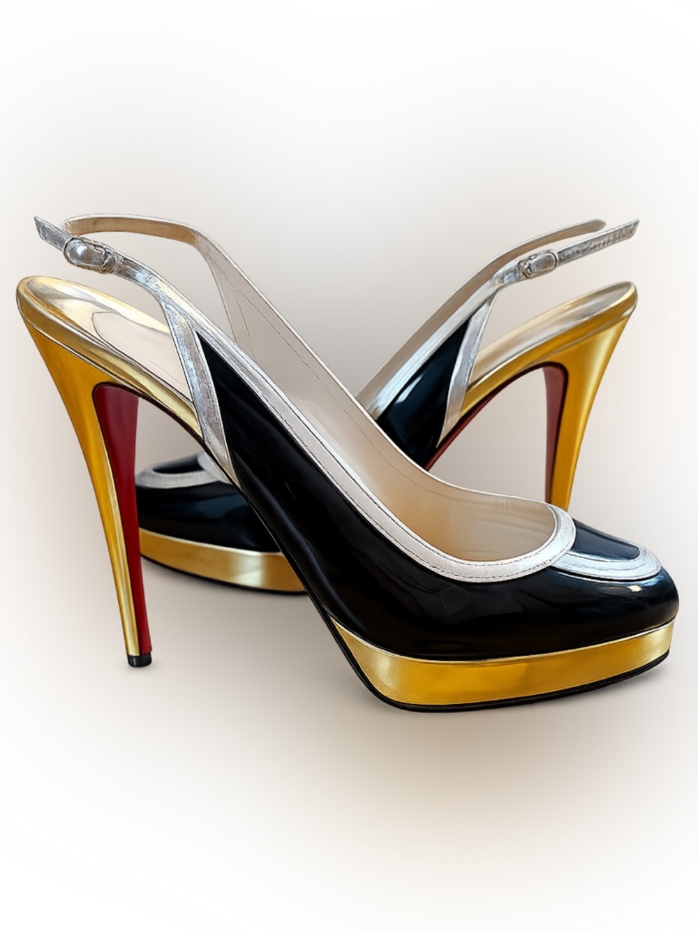 Christian Louboutin FoxTrot Slingback Sculpted Heels Peep Toe Gold Black 7.5
